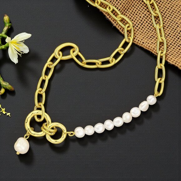 ποΈStatement Necklace Freshwater Pearls 18K Gold Plated Stainless Steel Jewelry - Picture 5 of 14